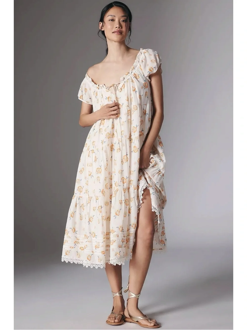 Anthropologie Summer Cottage Floral Short Sleeve Scoop Neck Midi Dress Large